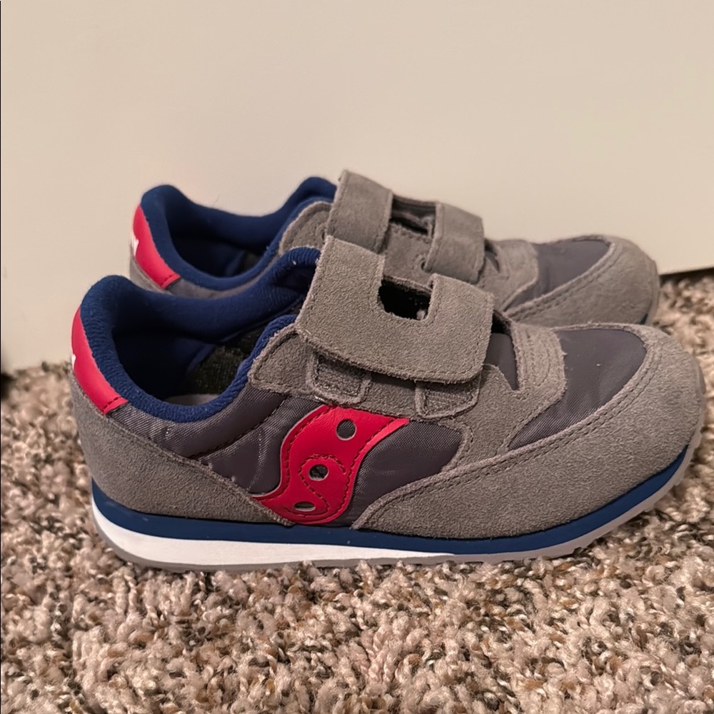 Saucony Gray and Red Sneakers with Velcro Closure and Padded Collar